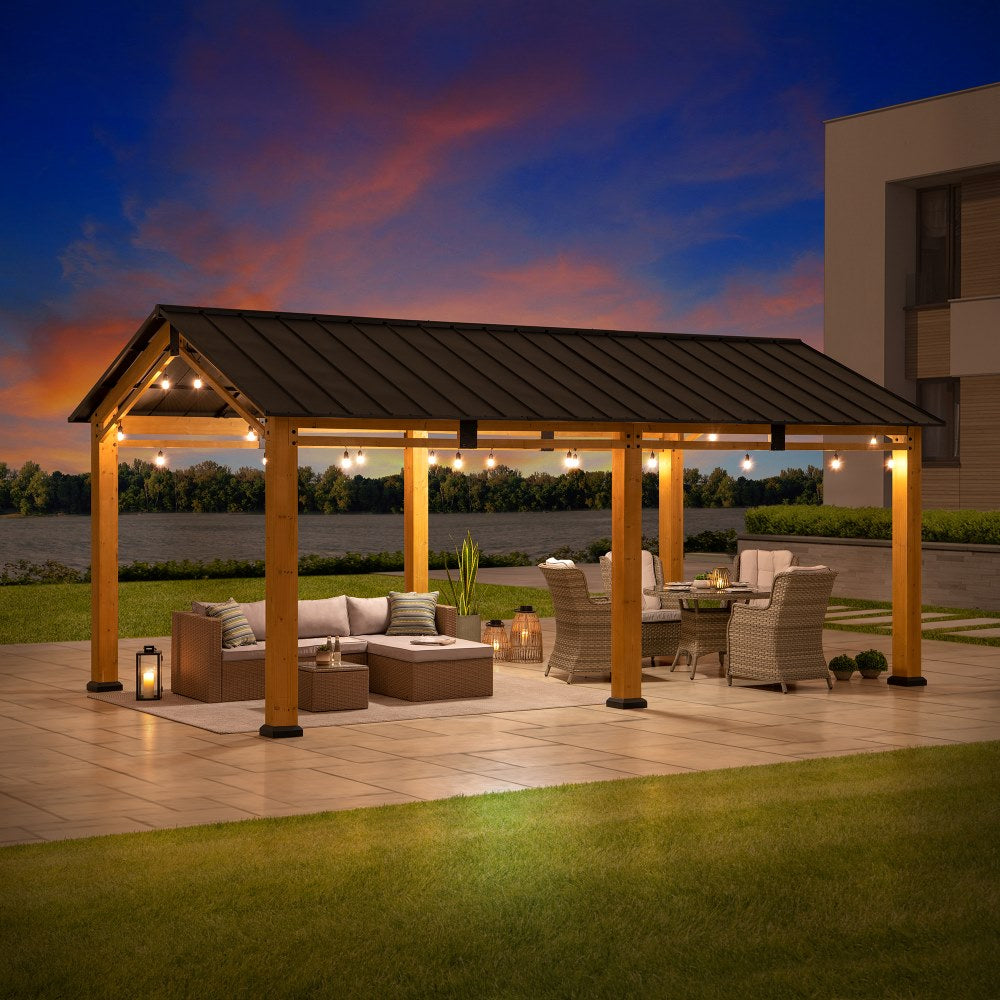 SUNJOY 11x20 Wood Carport, Black Steel Gable Roof Gazebo, Outdoor Living Pavilion with Ceiling Hook 
