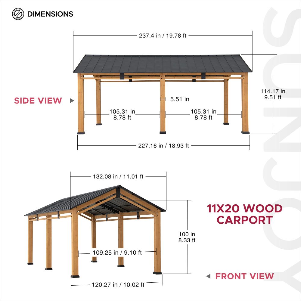 SUNJOY 11x20 Wood Carport, Black Steel Gable Roof Gazebo, Outdoor Living Pavilion with Ceiling Hook 