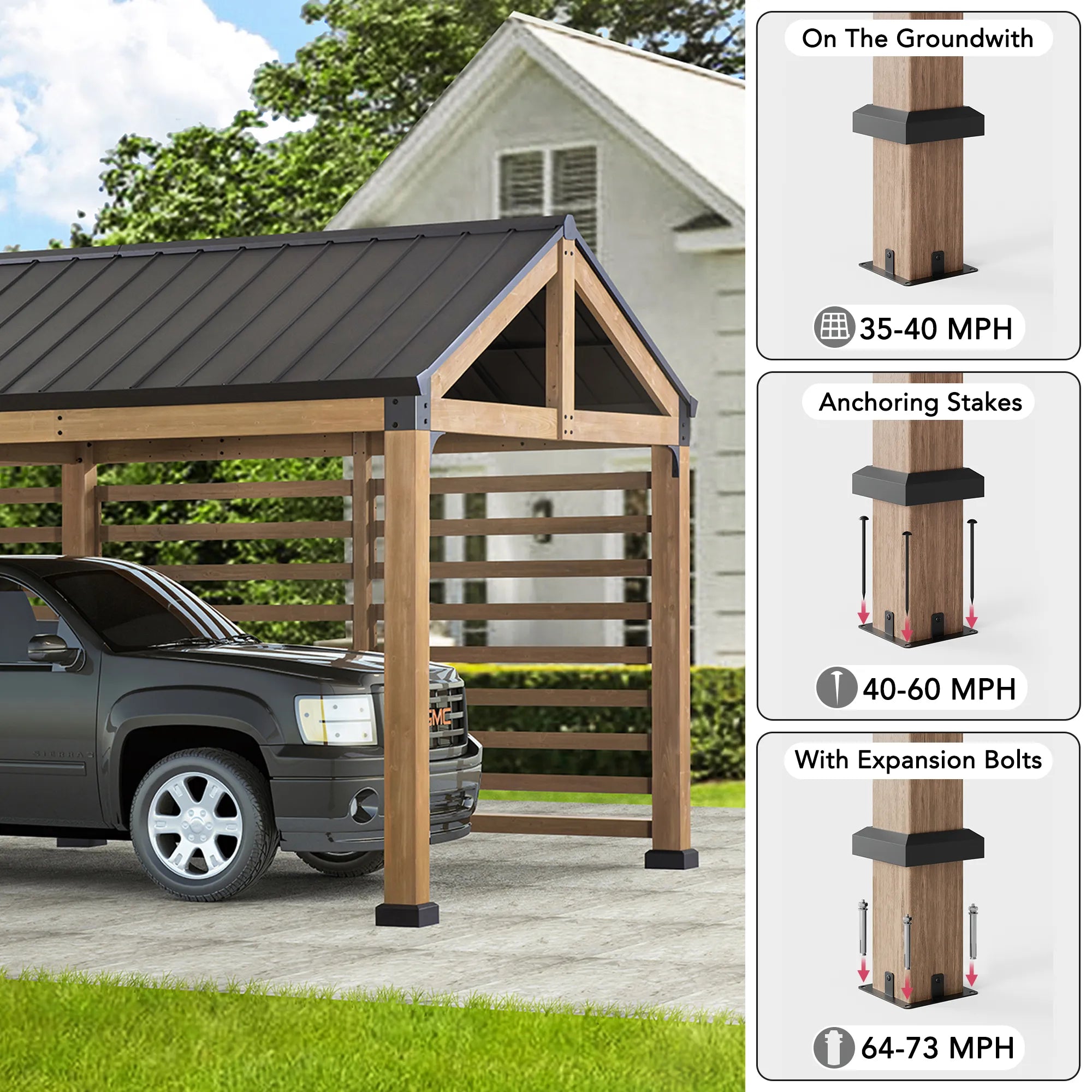 SUNJOY Newville 10x20 Galvanized Steel Roof Wood Carport with Privacy Wall & Rain Gutter