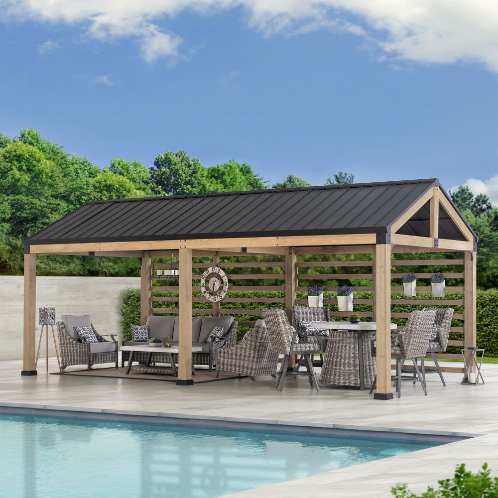 SUNJOY Newville 10x20 Galvanized Steel Roof Wood Carport with Privacy Wall & Rain Gutter