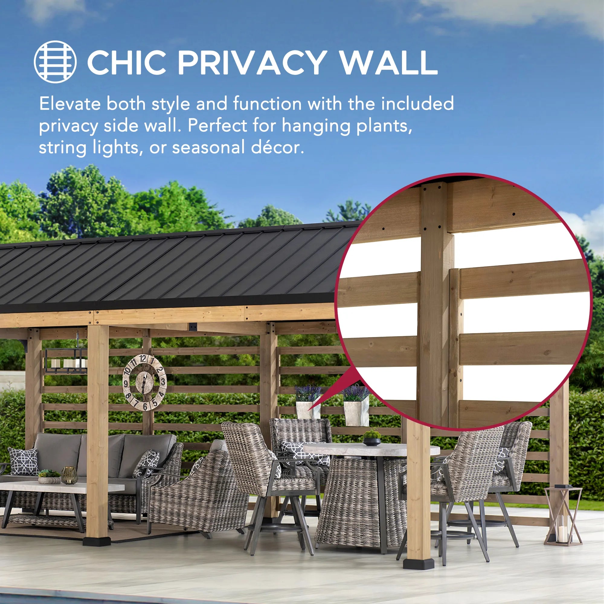 SUNJOY Newville 10x20 Galvanized Steel Roof Wood Carport with Privacy Wall & Rain Gutter