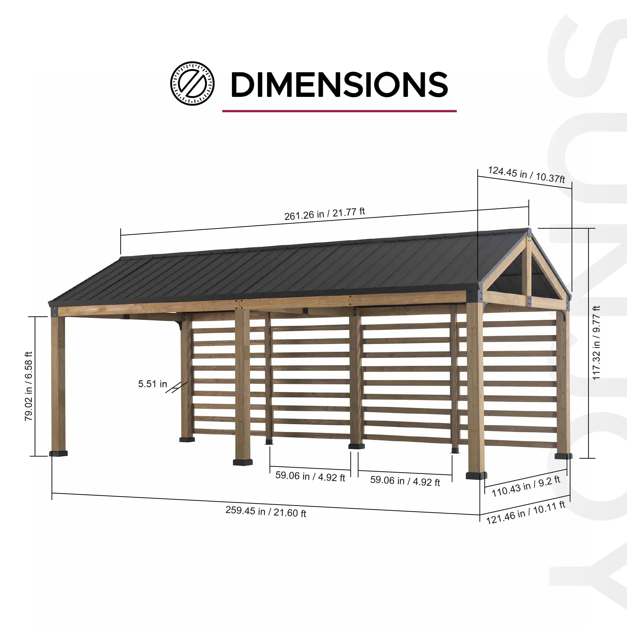 SUNJOY Newville 10x20 Galvanized Steel Roof Wood Carport with Privacy Wall & Rain Gutter