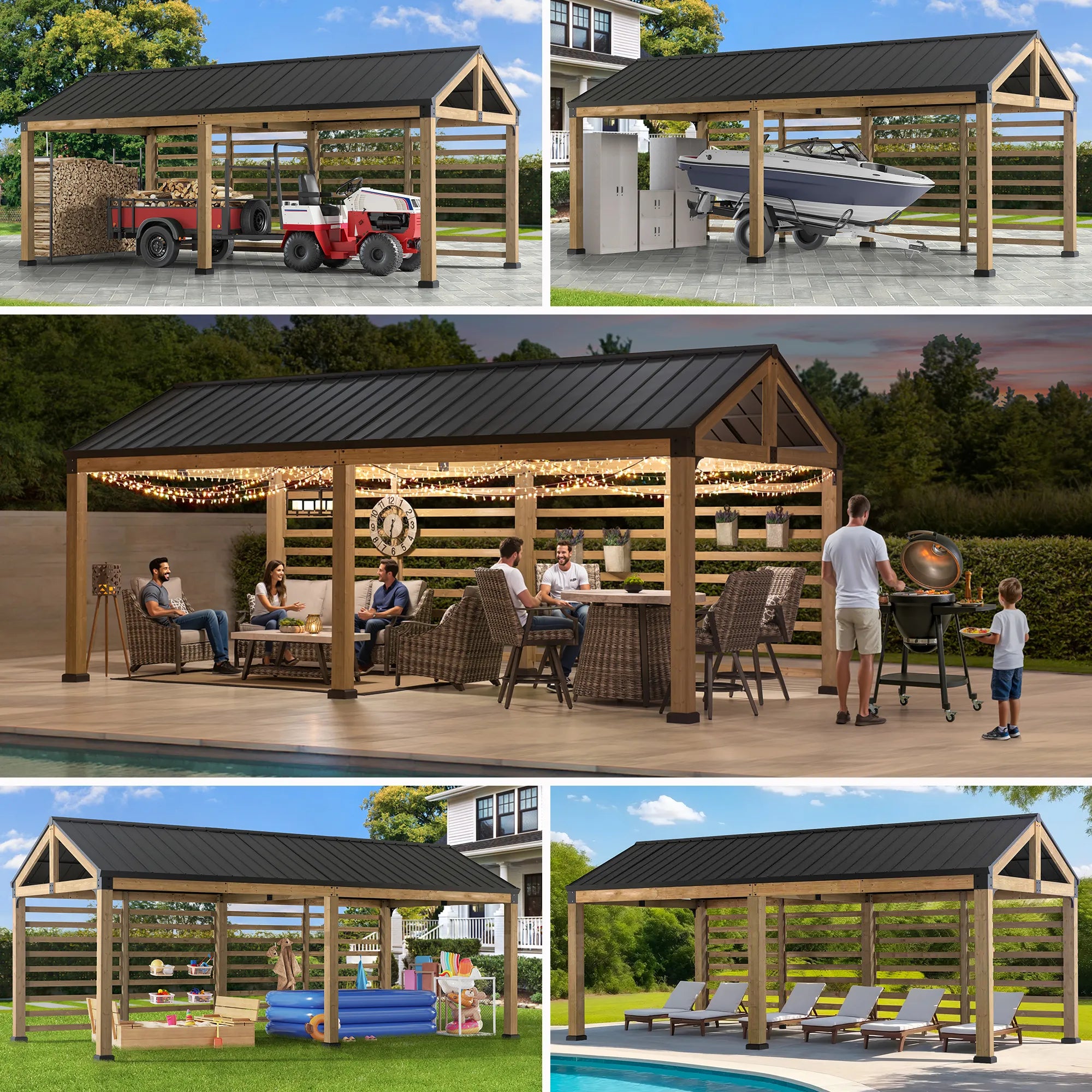 SUNJOY Newville 10x20 Galvanized Steel Roof Wood Carport with Privacy Wall & Rain Gutter
