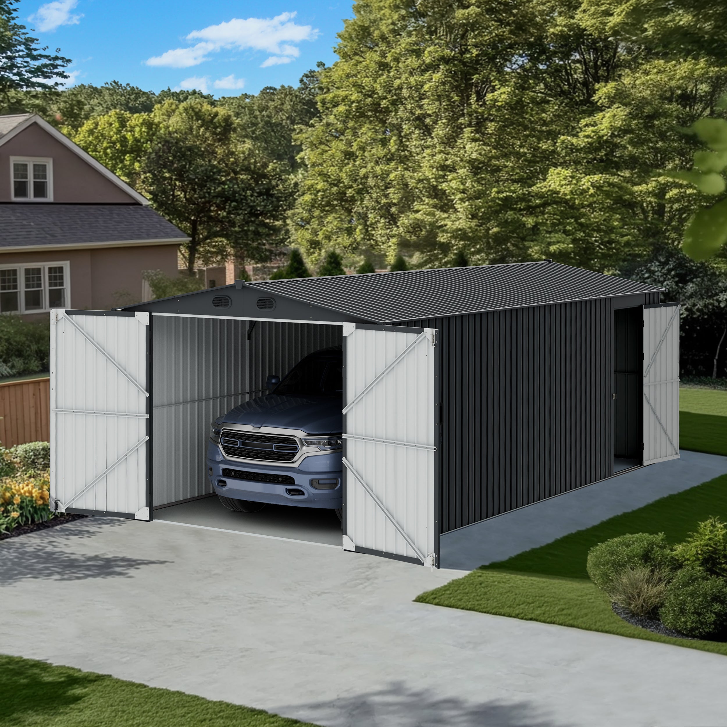 SUNJOY 10x20 Storage Shed Kits with Lockable Doors and Vents