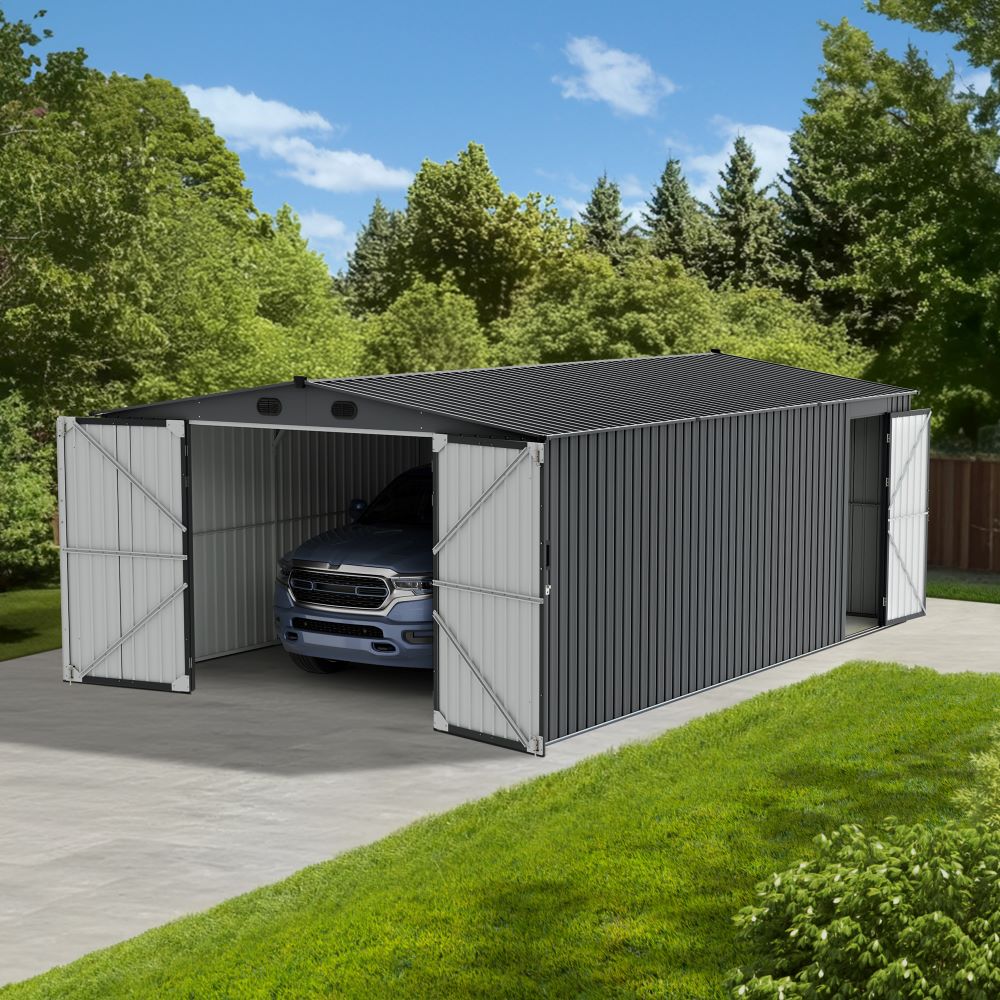 SUNJOY 13x20 Metal Shed Kits with Lockable Doors and Vents - Dark Gray