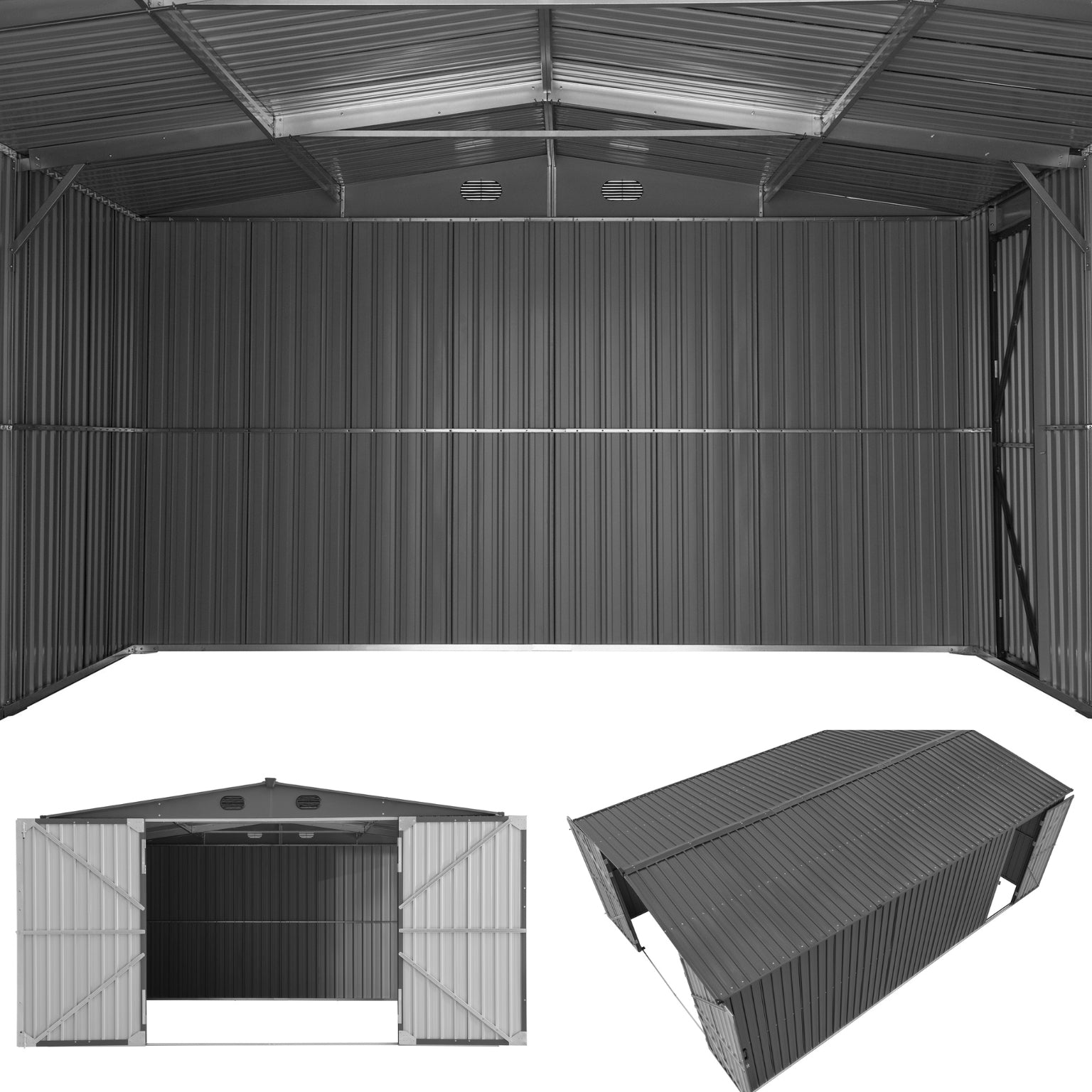 Abri de jardin métallique SUNJOY 13x20 avec portes et évents verrouillables - Gris foncé
