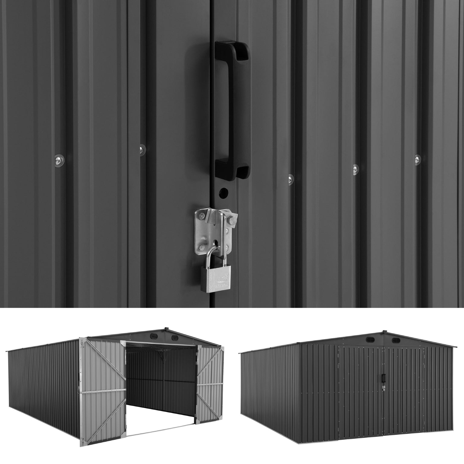 Abri de jardin métallique SUNJOY 13x20 avec portes et évents verrouillables - Gris foncé