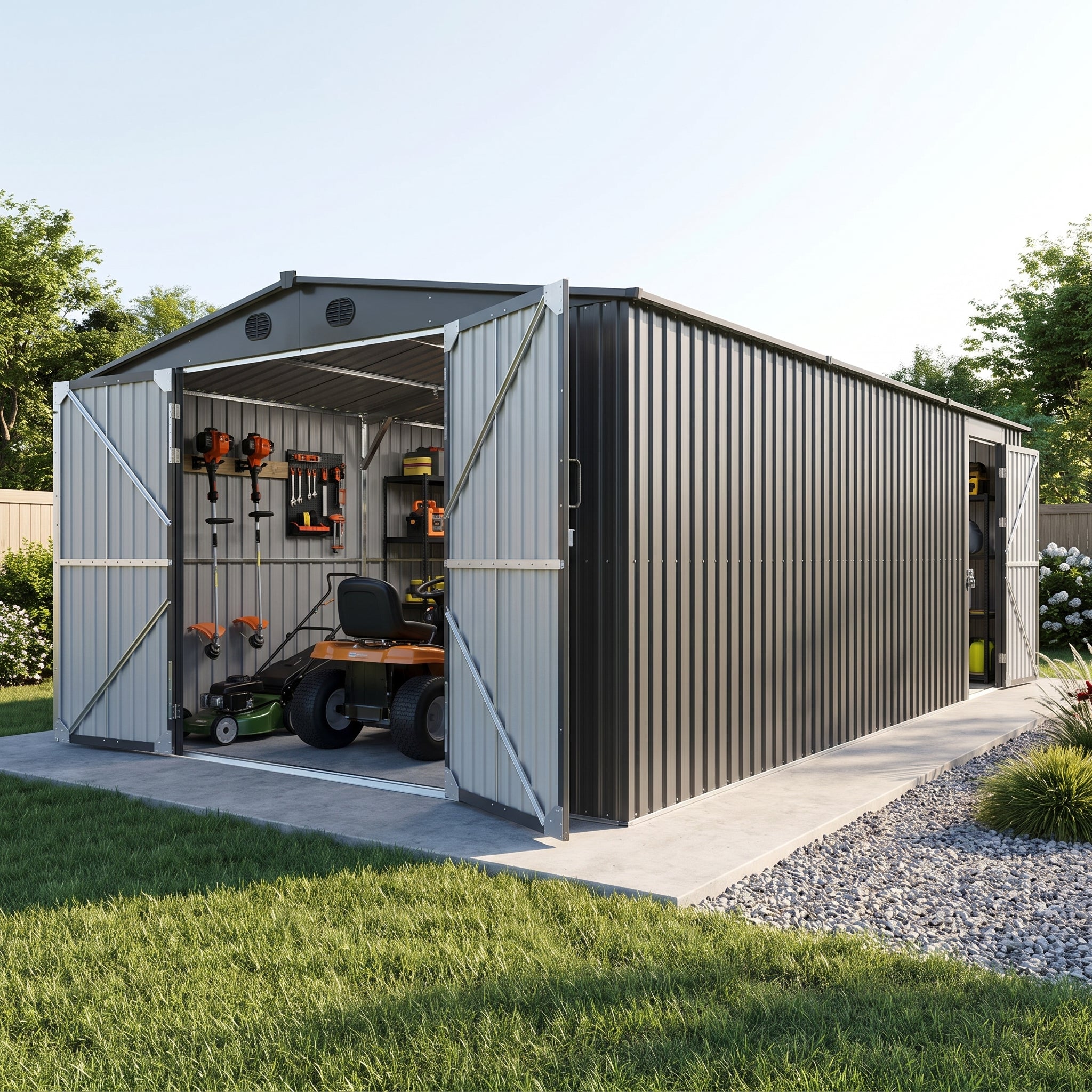 Abri de jardin métallique SUNJOY 13x20 avec portes et évents verrouillables - Gris foncé