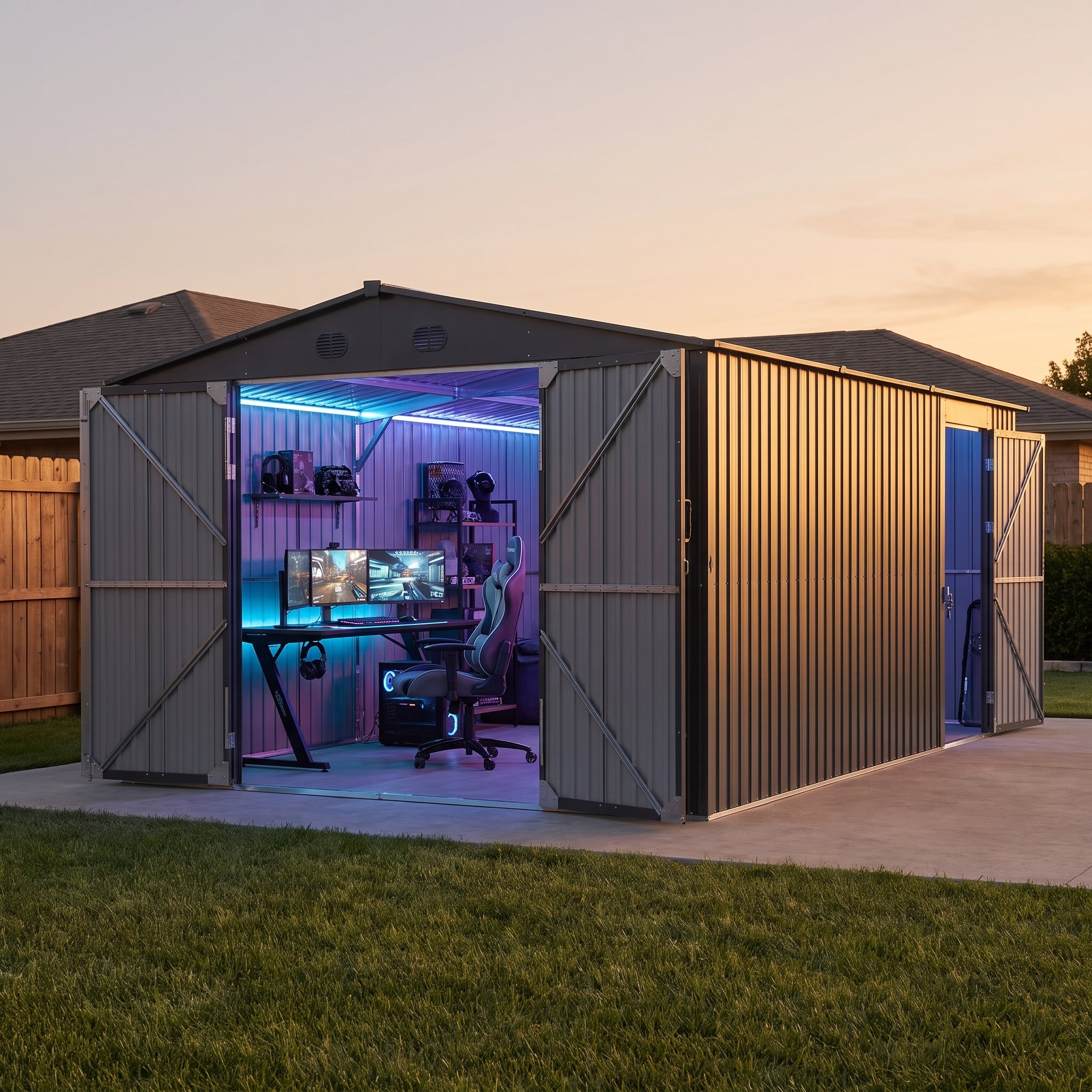 Abri de jardin métallique SUNJOY 13x20 avec portes et évents verrouillables - Gris foncé