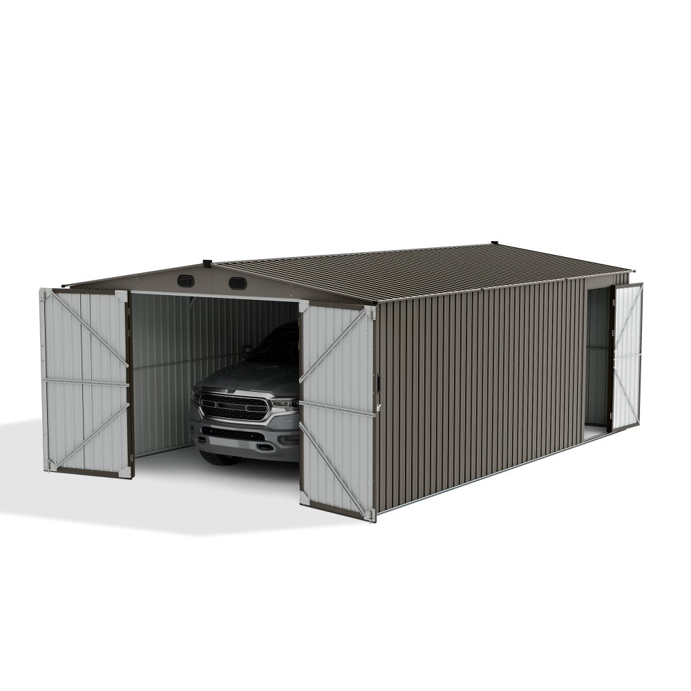 SUNJOY 13x20 Metal Shed Kits with Lockable Doors and Vents - Light Gray