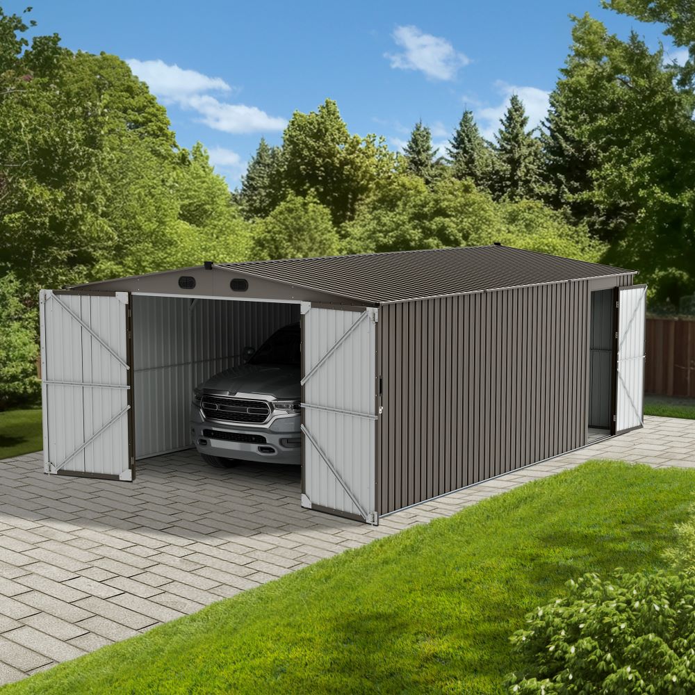 SUNJOY 13x20 Metal Shed Kits with Lockable Doors and Vents - Light Gray