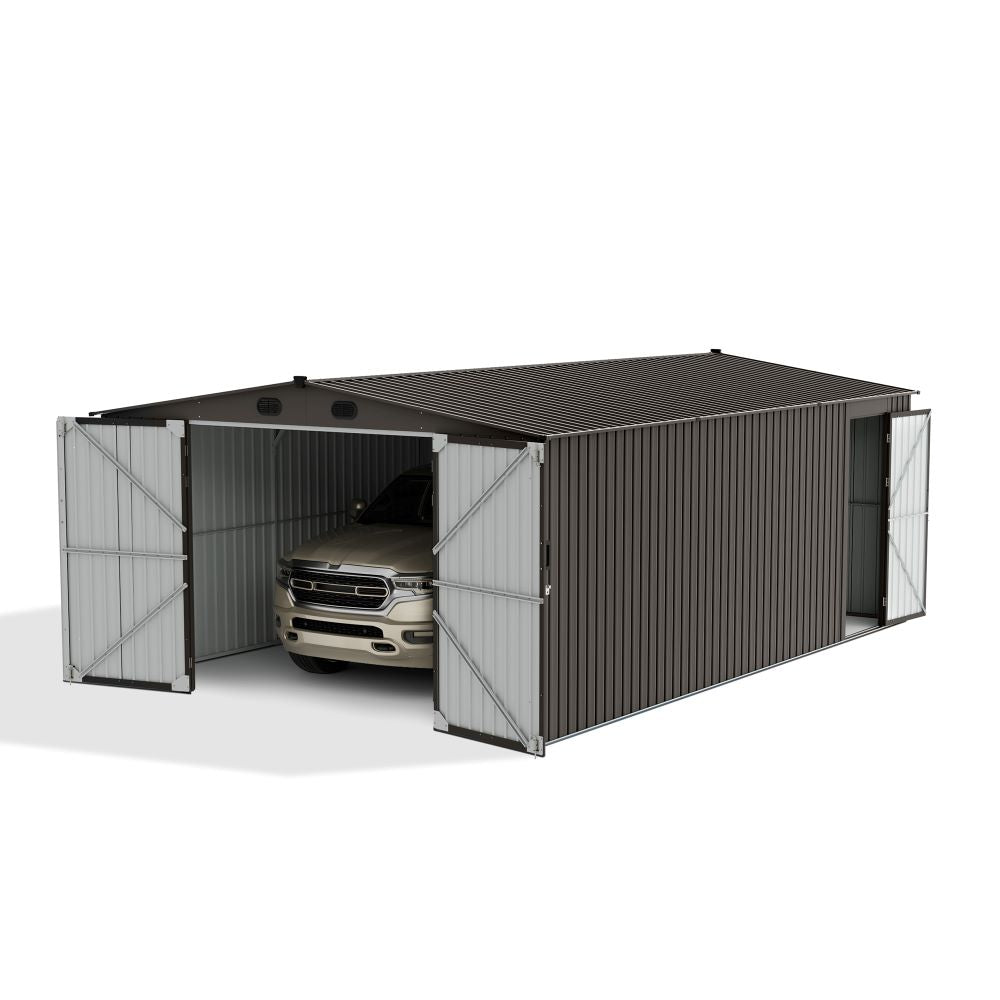 SUNJOY 13x20 Metal Shed Kits with Lockable Doors and Vents - Tan