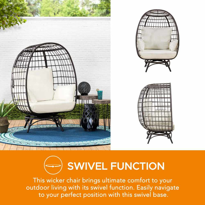 Sunjoy Outdoor Patio Metal Wicker Swivel Egg Cuddle Chair with Cushion