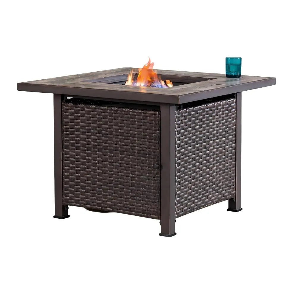 Foyer extérieur carré sans fumée SUNJOY 38 pouces, table de foyer au gaz propane, réservoir de propane caché, foyers avec plateau en carreaux de céramique et pierres de lave