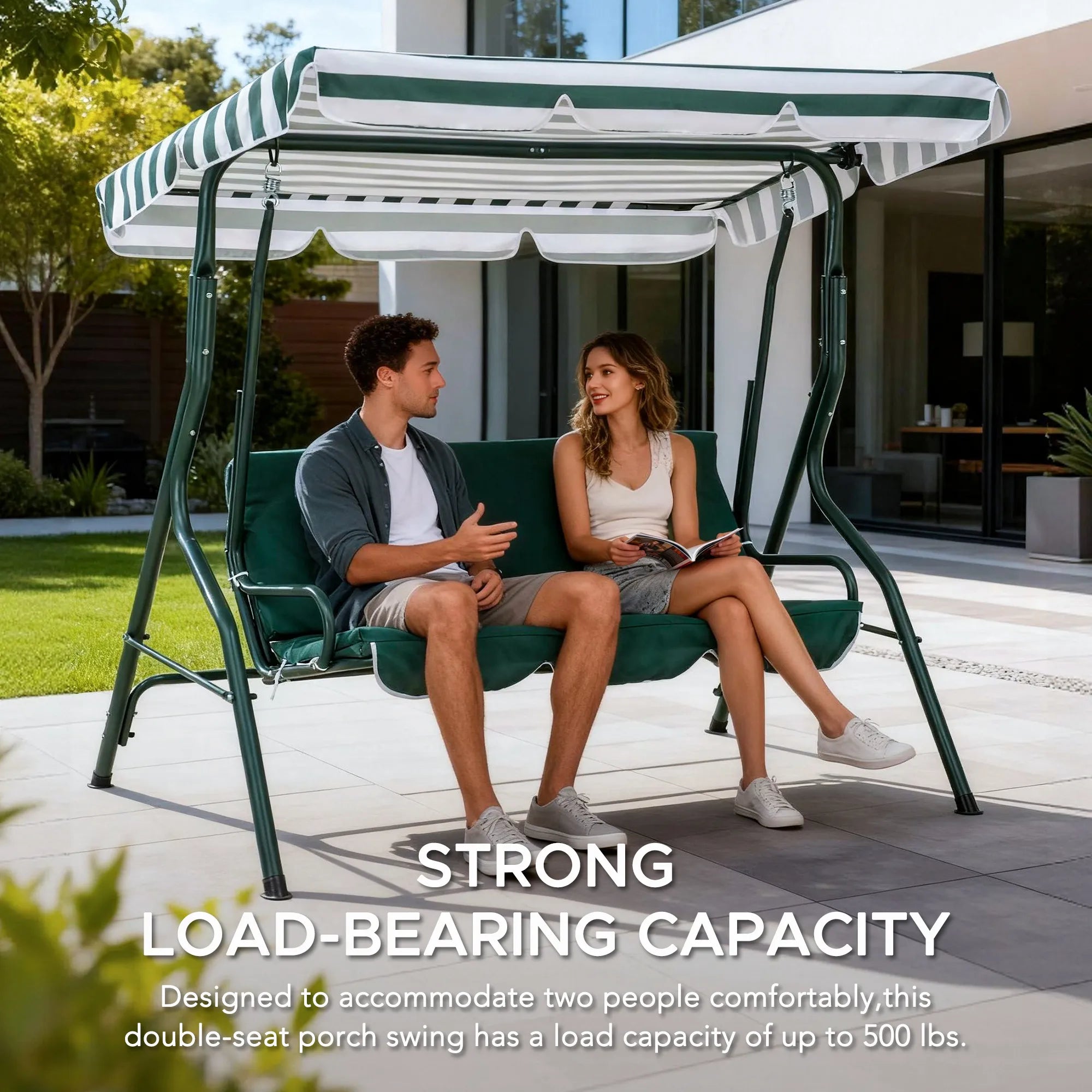 SUNJOY 2-Seat Steel Patio Swing Chair with Tilt Canopy - Green & White 