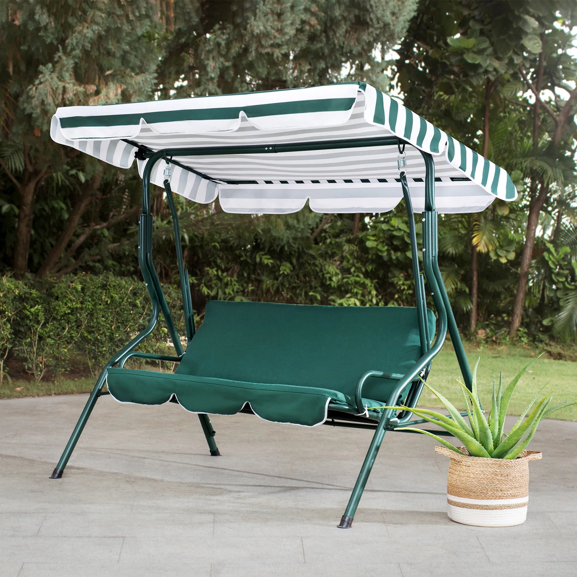 SUNJOY 2-Seat Steel Patio Swing Chair with Tilt Canopy - Green & White 