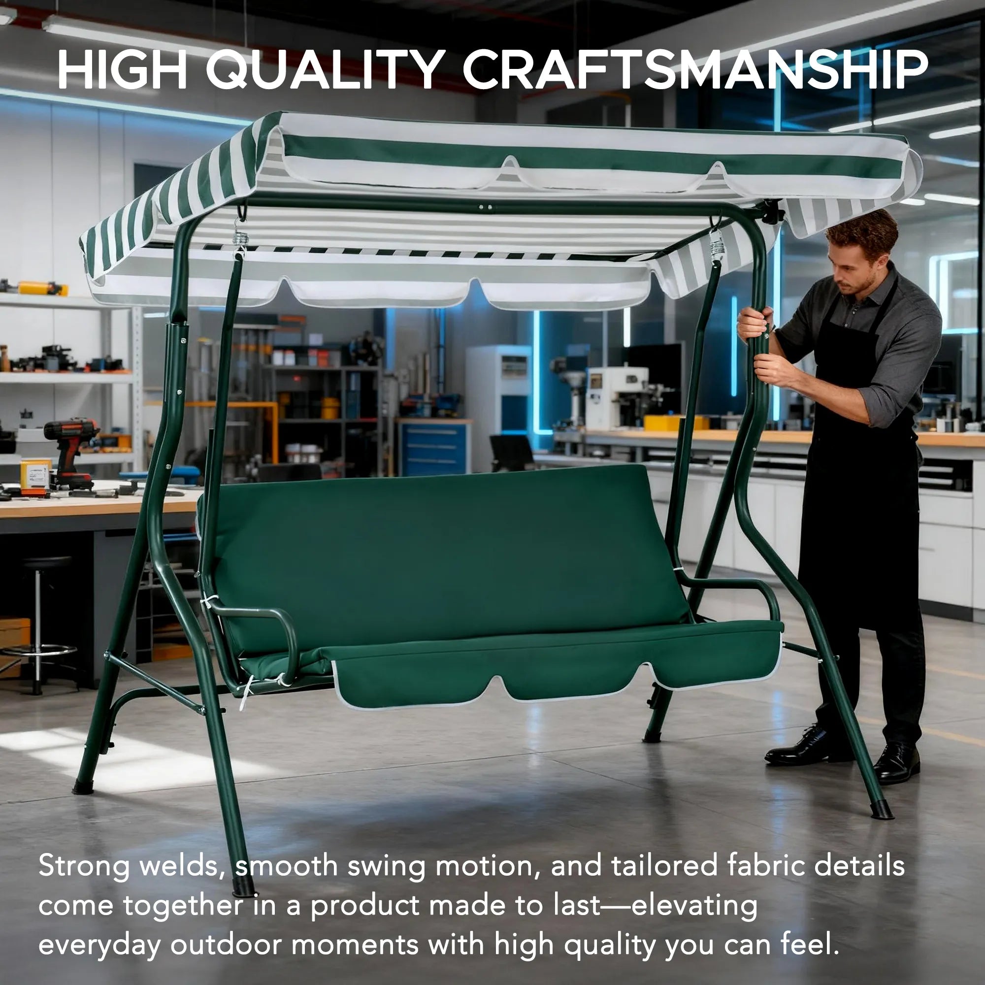 SUNJOY 2-Seat Steel Patio Swing Chair with Tilt Canopy - Green & White 