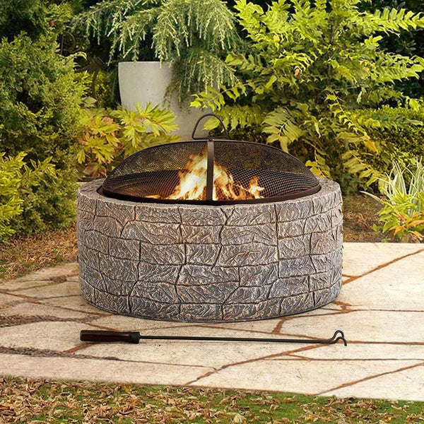 SUNJOY 26 Inch Outdoor Fire Pits Wood Burning Patio Fire Pit Stone Backyard Fire Pit with Spark Screen and Poker