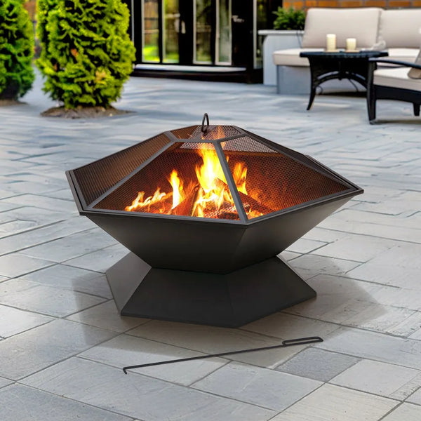 SUNJOY 35 Inch Hexagon Steel Fire Pit Wood Burning Fire Pit with PVC Cover 