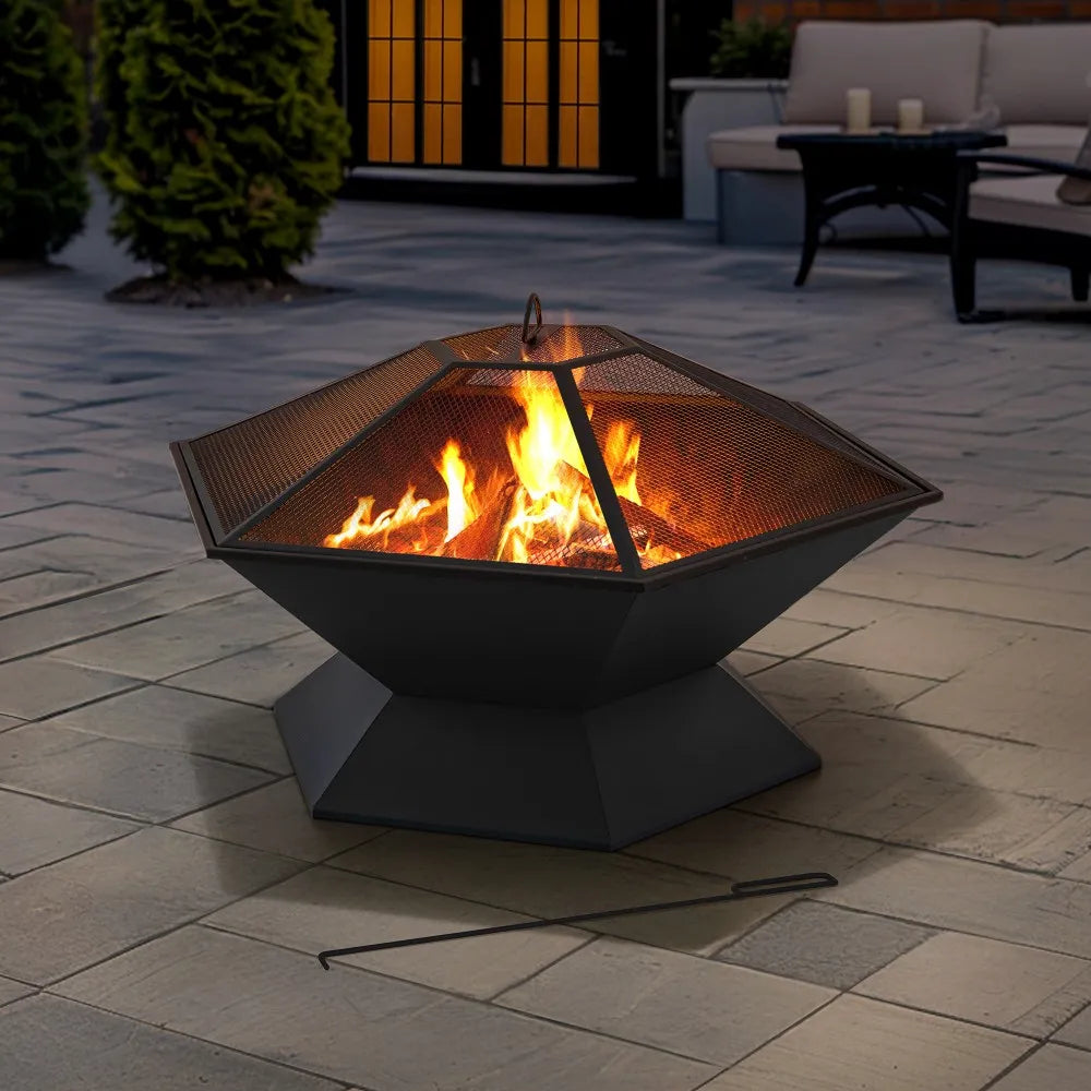 SUNJOY 35 Inch Hexagon Steel Fire Pit Wood Burning Fire Pit with PVC Cover 