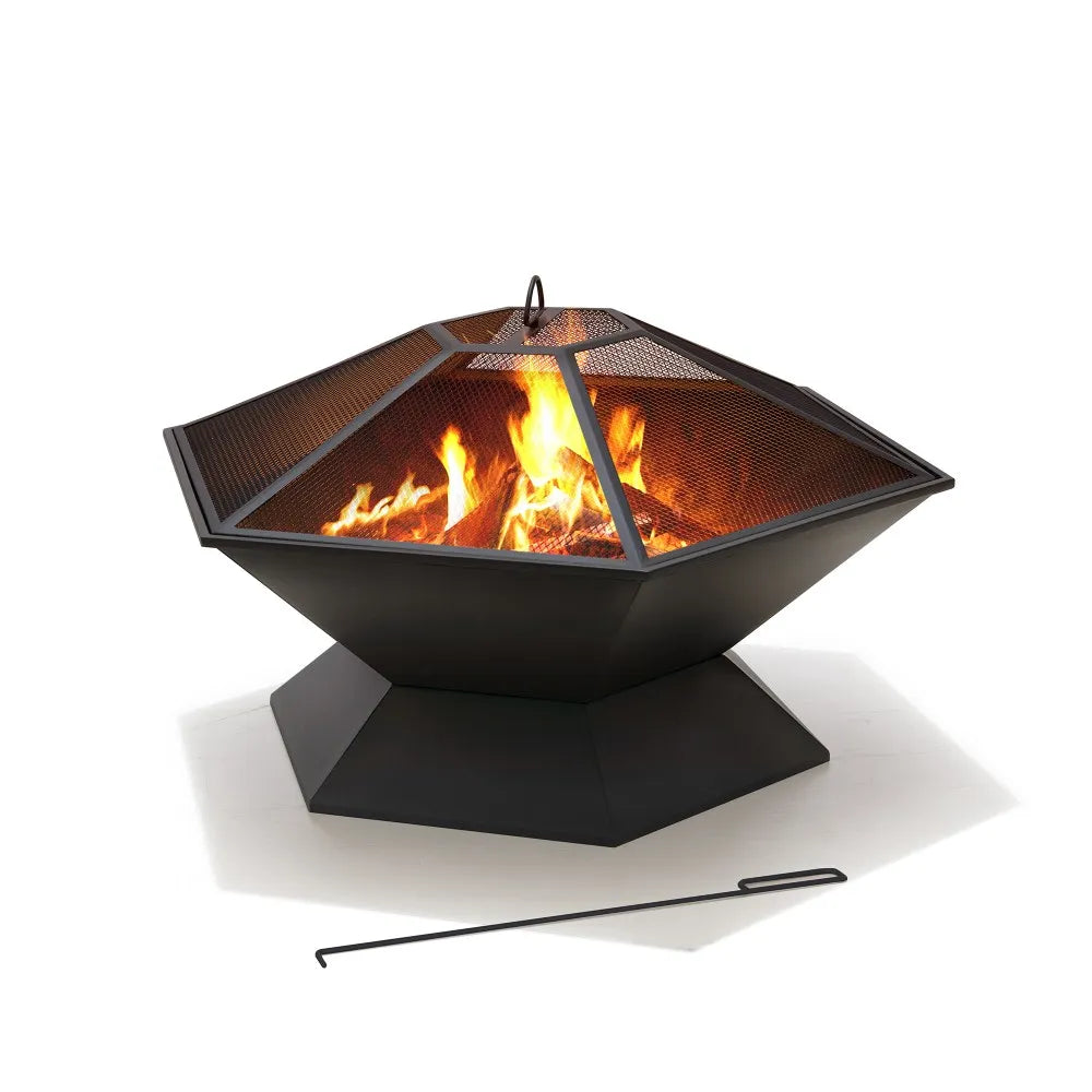SUNJOY 35 Inch Hexagon Steel Fire Pit Wood Burning Fire Pit with PVC Cover