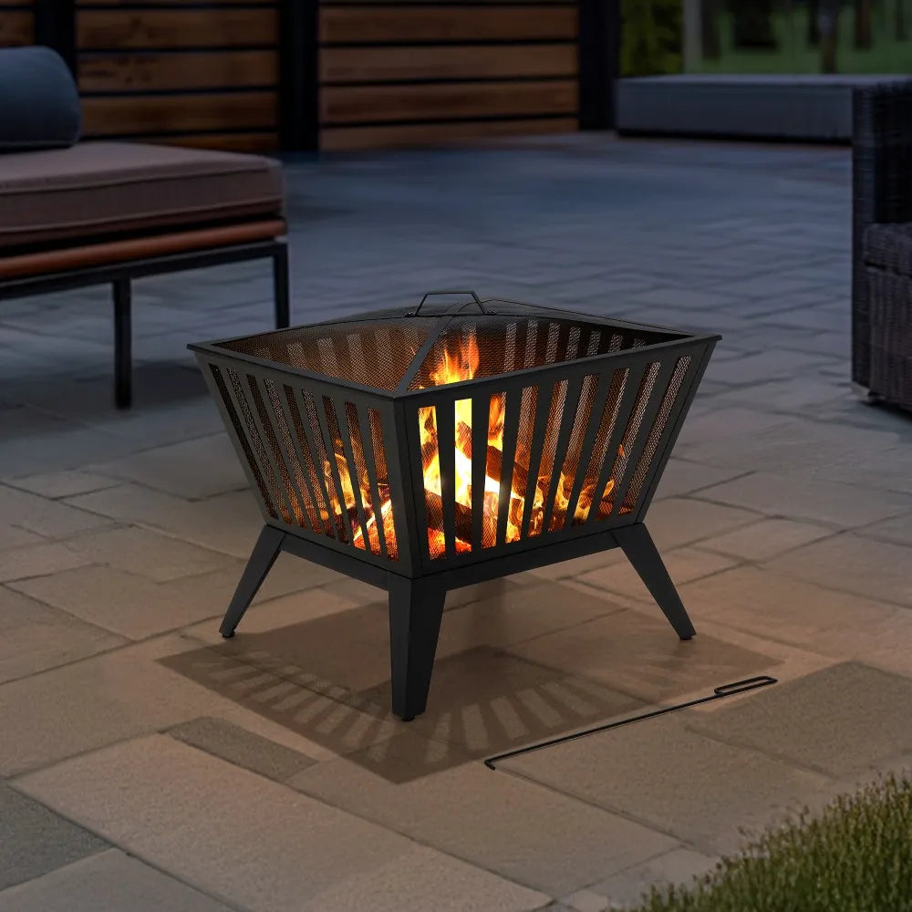 SUNJOY 28 Inch Steel Fire Pit Wood Burning Fire Pit with Mesh Cover