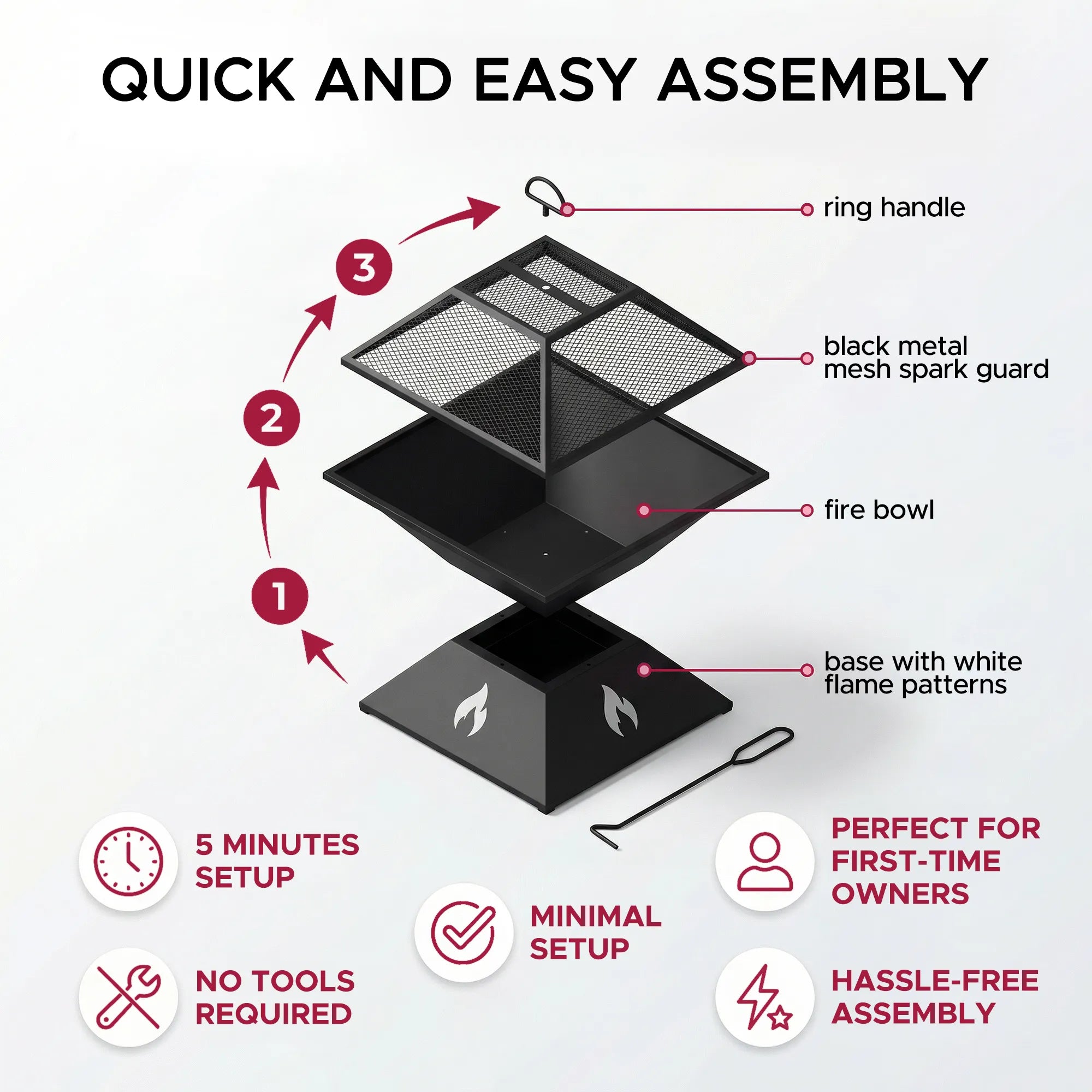 SUNJOY 20 Inch Modern Square Steel Fire Pit with Mesh Spark Screen & Stable Base