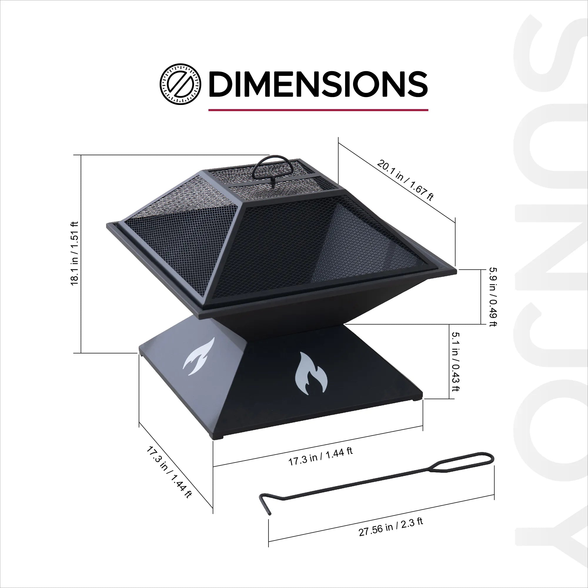 SUNJOY 20 Inch Modern Square Steel Fire Pit with Mesh Spark Screen & Stable Base