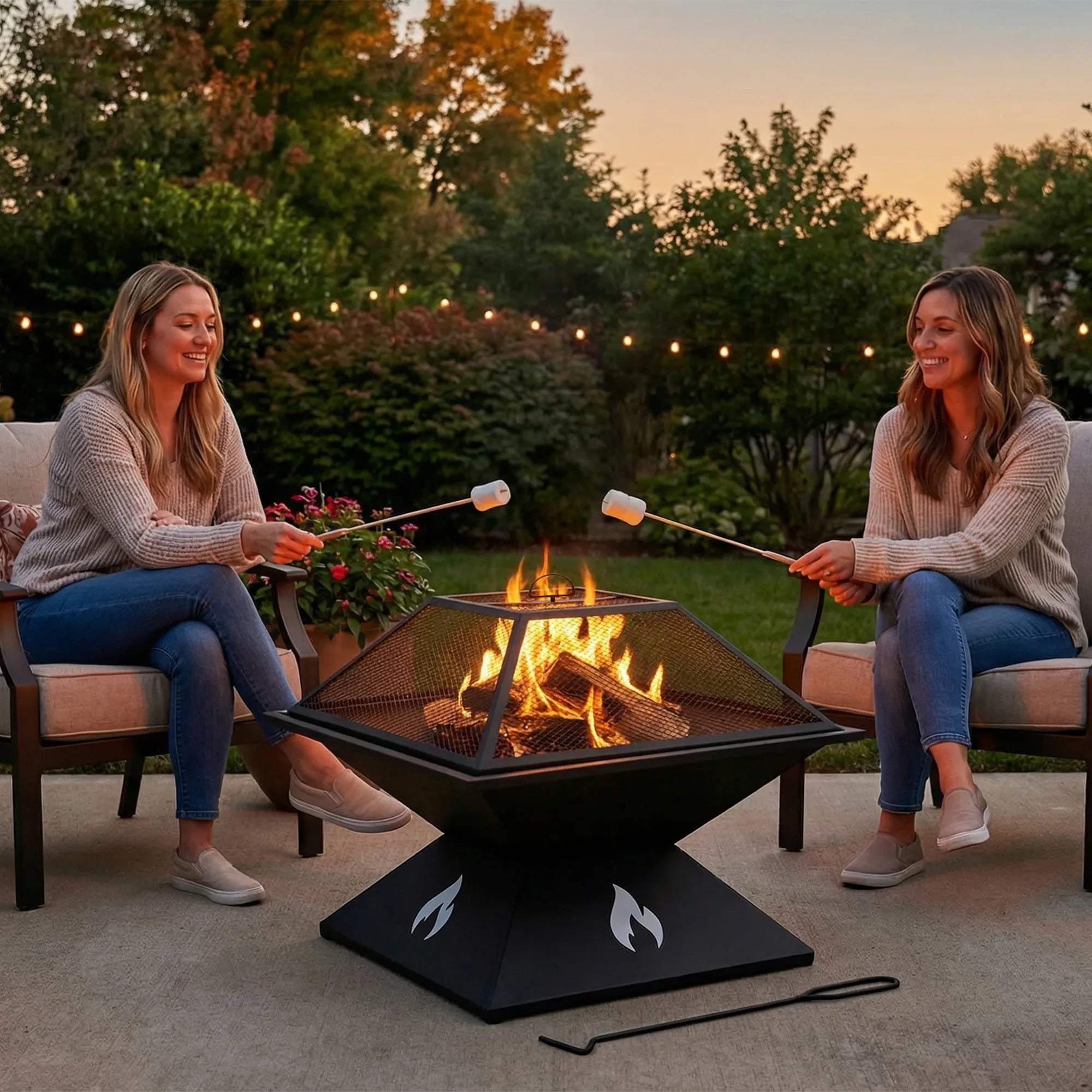 SUNJOY 20 Inch Modern Square Steel Fire Pit with Mesh Spark Screen & Stable Base