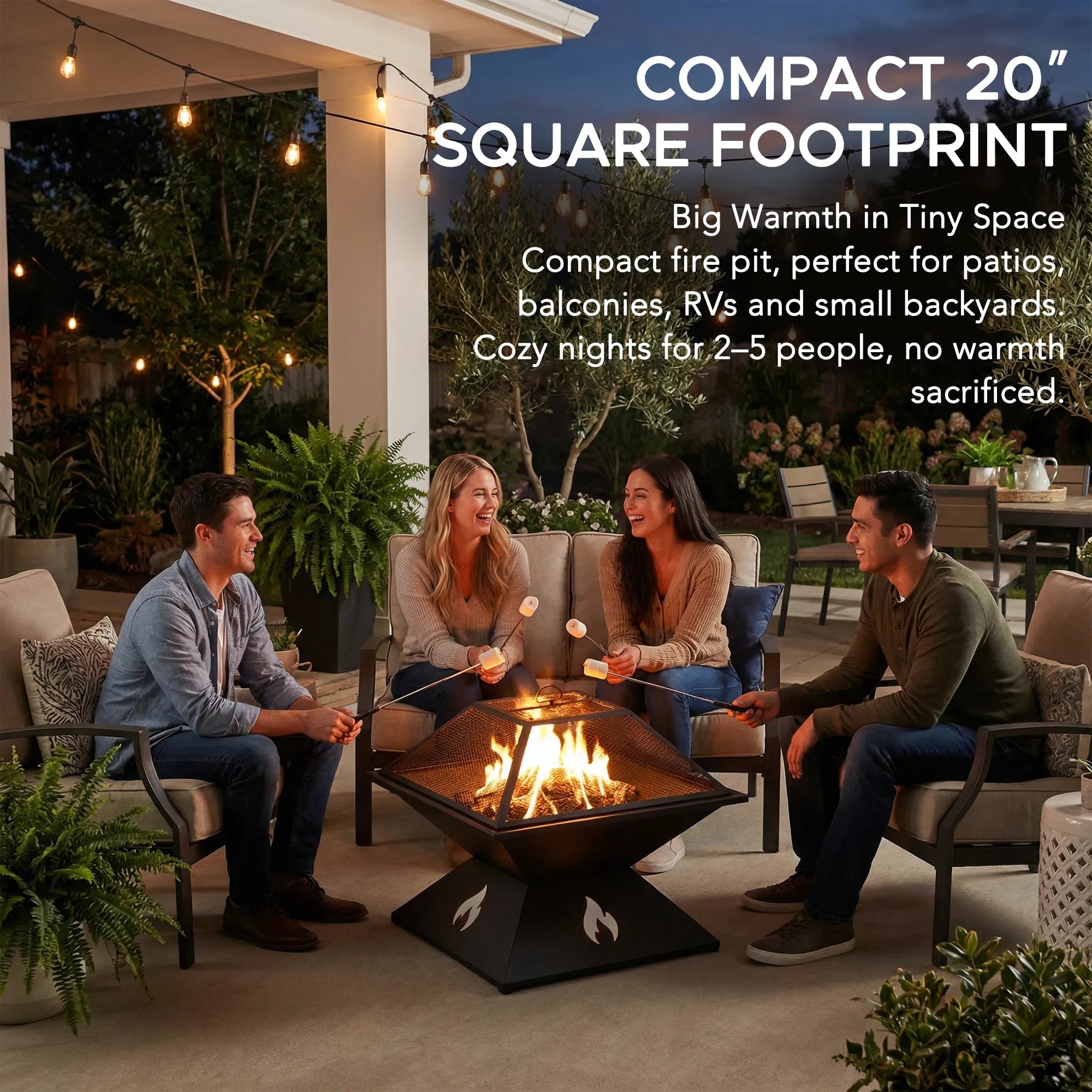 SUNJOY 20 Inch Modern Square Steel Fire Pit with Mesh Spark Screen & Stable Base