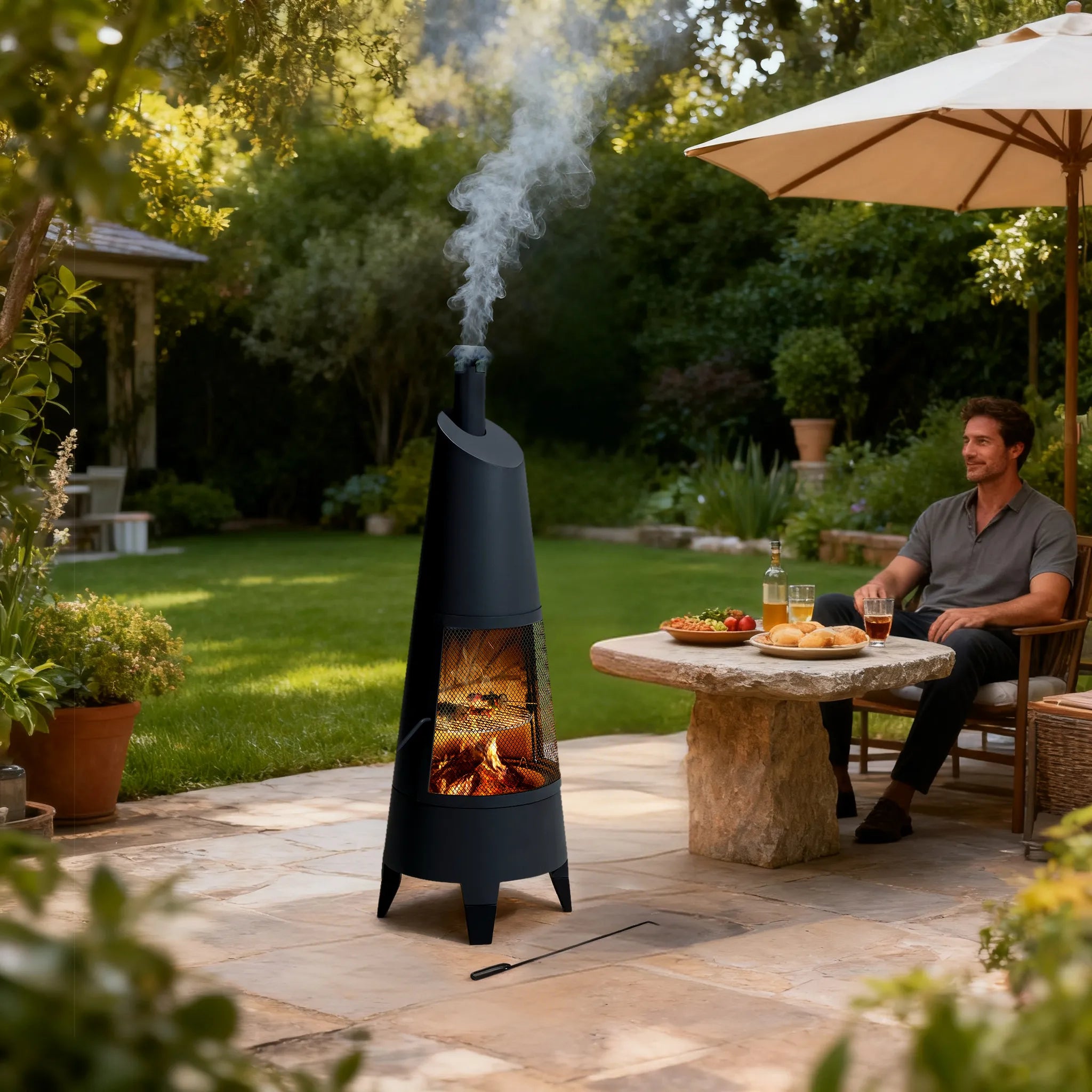 SUNJOY 57 Inch 2-in-1 Chiminea Fire Pit & Grill with Removable Grill Mesh, Chimney and PVC Cover - Black