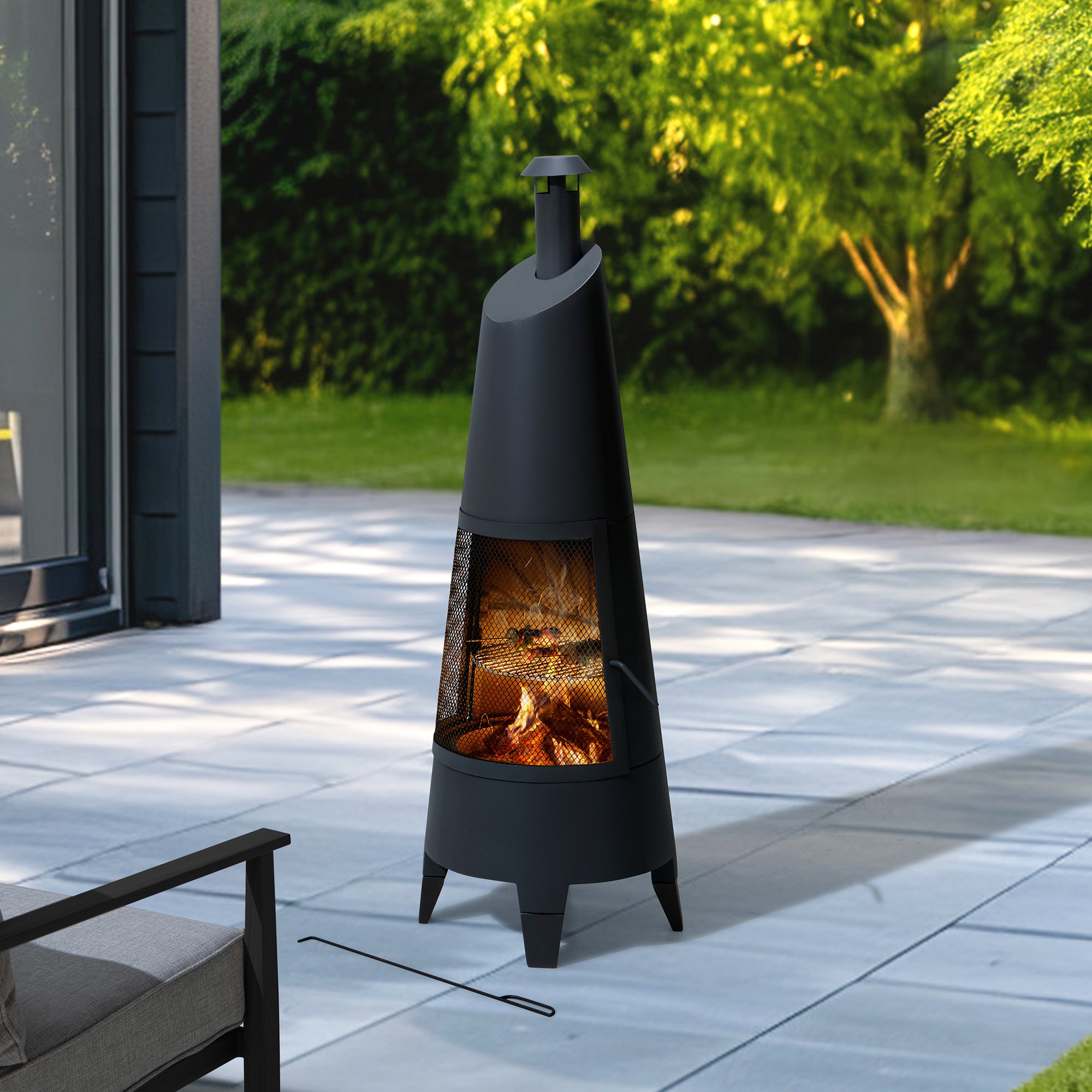 SUNJOY 57 Inch 2-in-1 Outdoor Fire Pit & Grill with Removable Stainless Steel Grill Grate, PVC Cover, and Mesh Safety Screen Door - Black