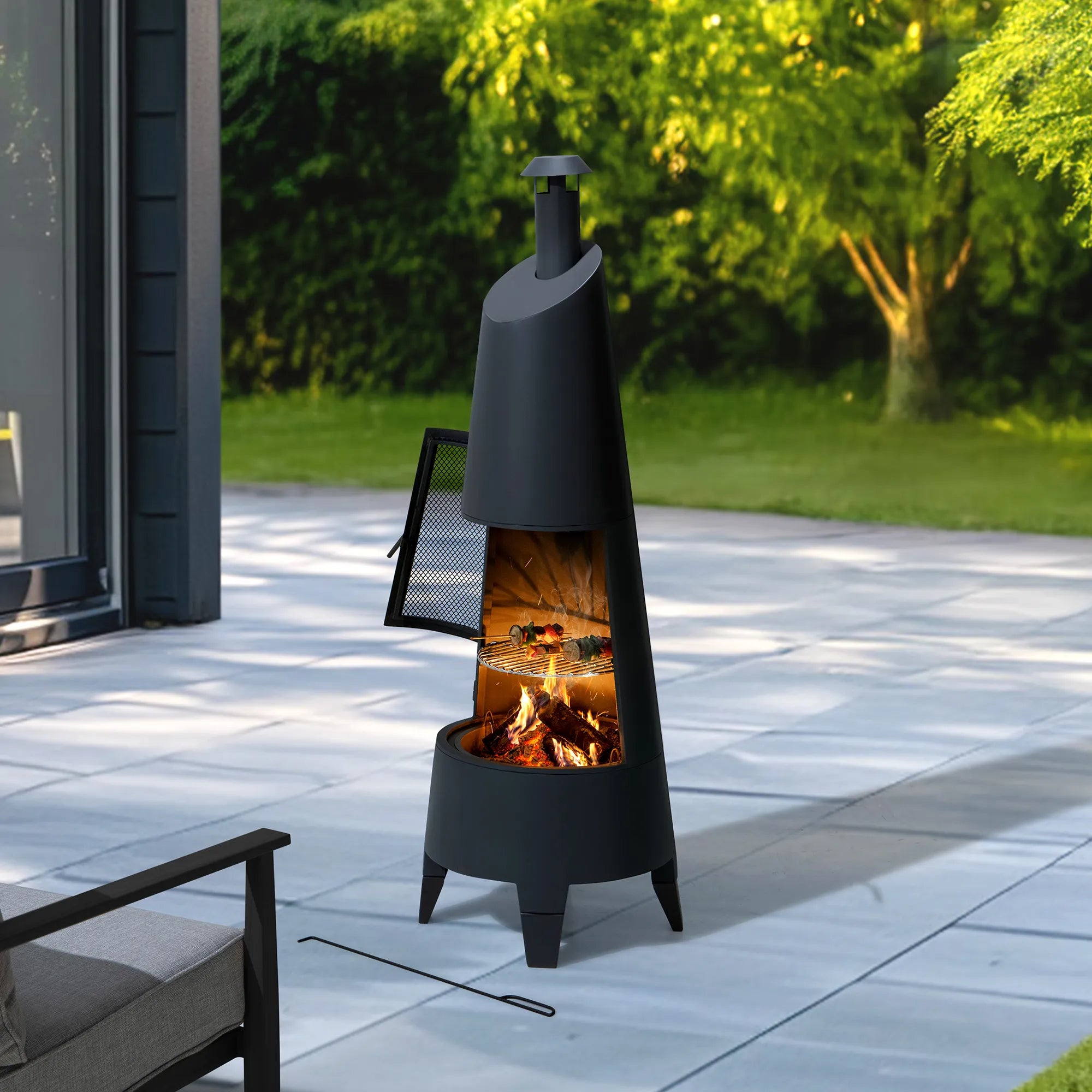 SUNJOY 57 Inch 2-in-1 Outdoor Fire Pit & Grill with Removable Stainless Steel Grill Grate, PVC Cover, and Mesh Safety Screen Door - Black 