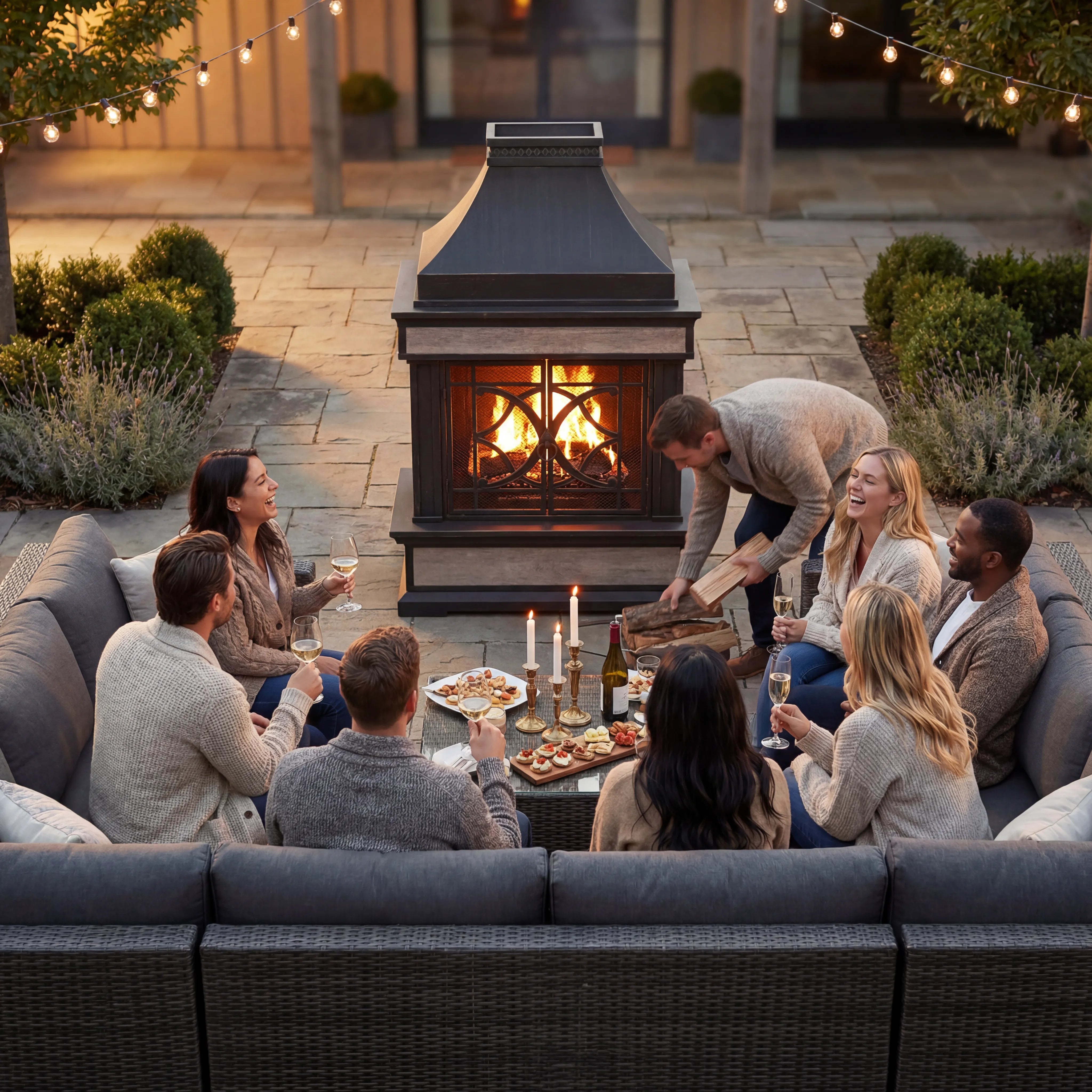 SUNJOY Outdoor 57 Inch Steel Wood Burning Fireplace with Chimney and Rain Cover - Black & Golden