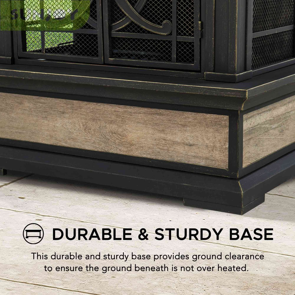 SUNJOY Outdoor 57 Inch Steel Wood Burning Fireplace with Chimney and Rain Cover - Black & Golden 