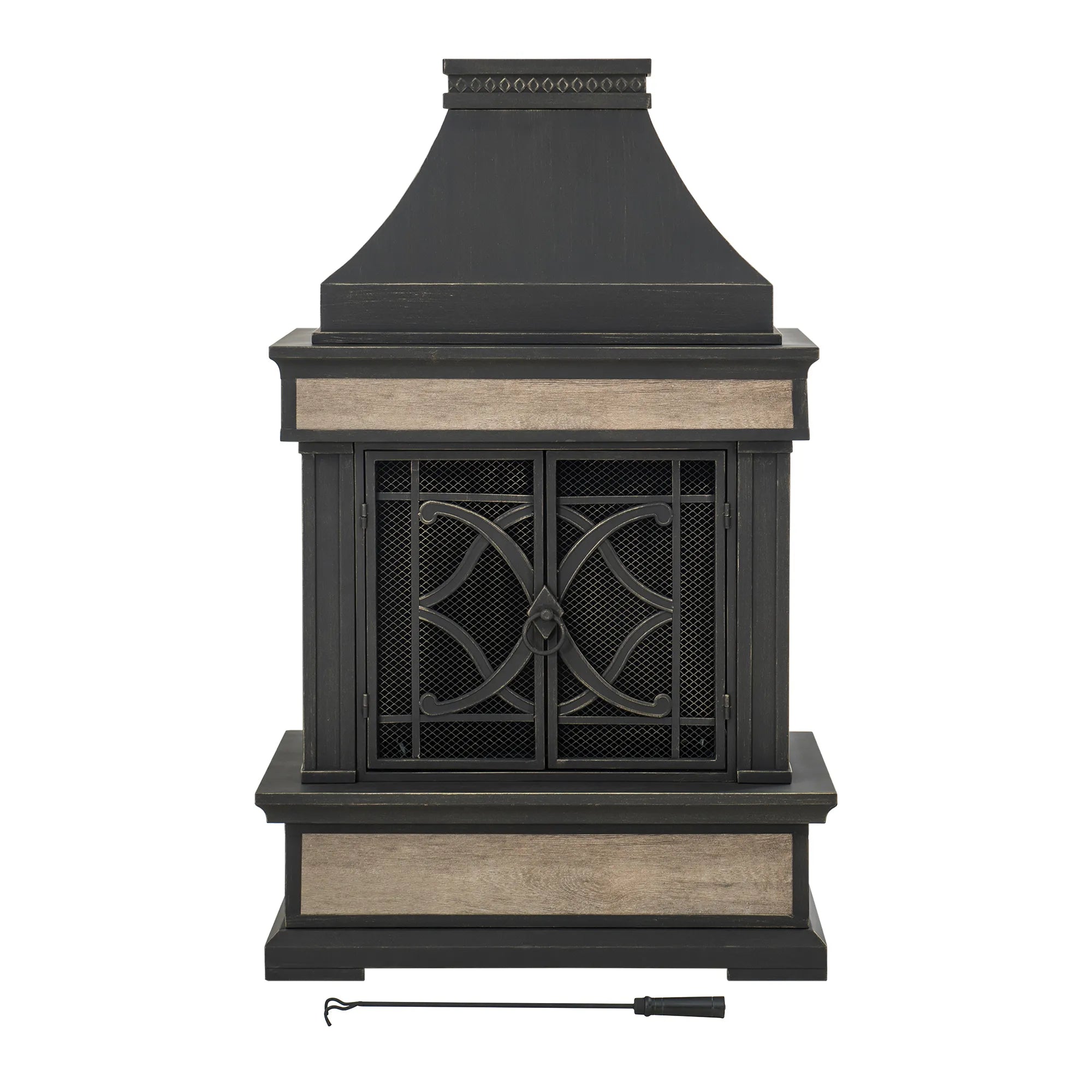 SUNJOY Outdoor 57 Inch Steel Wood Burning Fireplace with Chimney and Rain Cover - Black & Golden