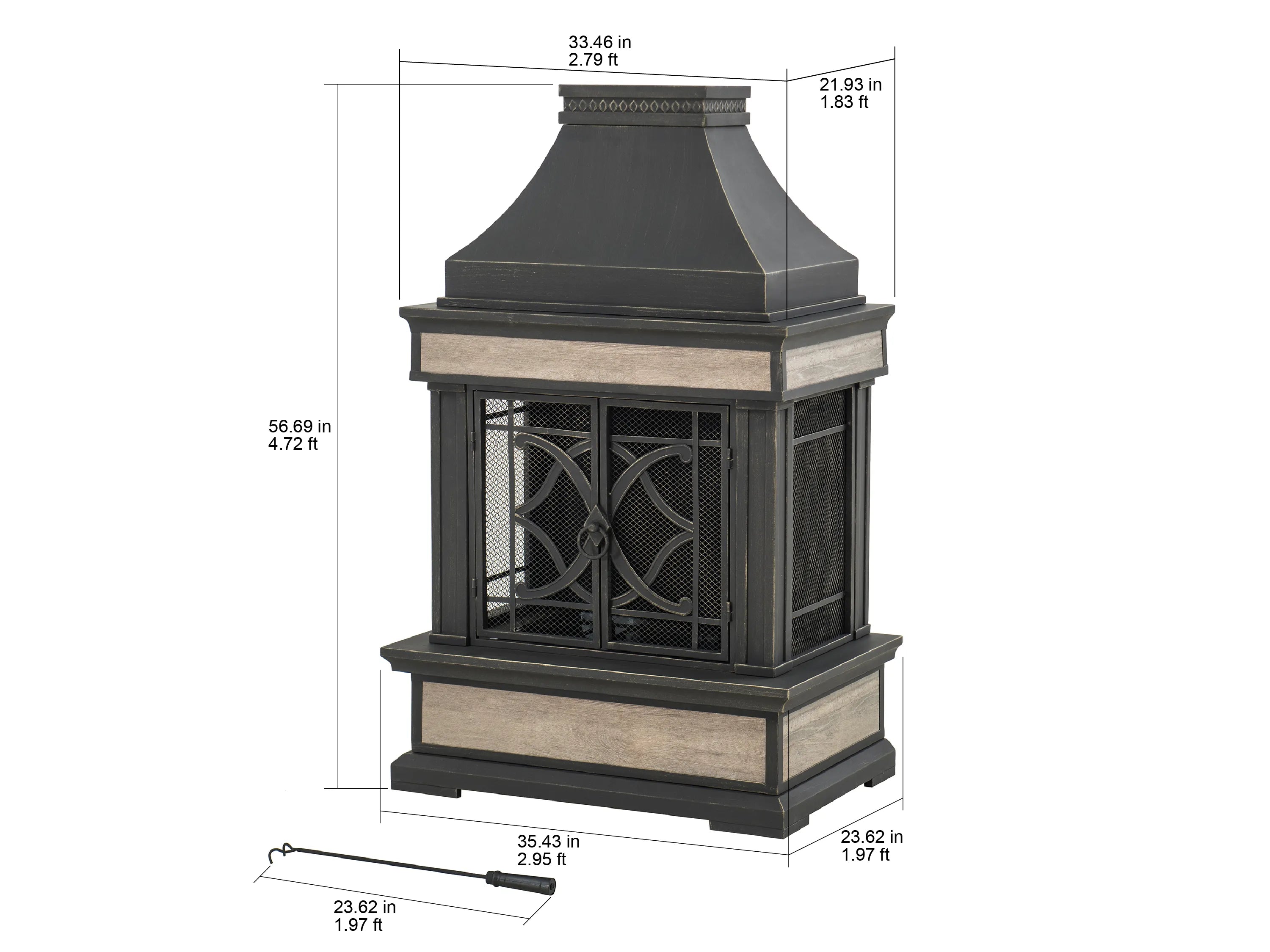 SUNJOY Outdoor 57 Inch Steel Wood Burning Fireplace with Chimney and Rain Cover - Black & Golden