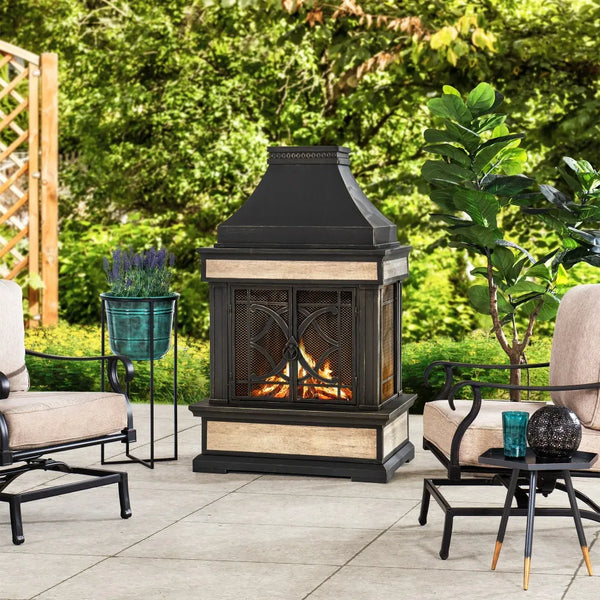 SUNJOY Outdoor 57 Inch Steel Wood Burning Fireplace with Chimney and Rain Cover - Black & Golden