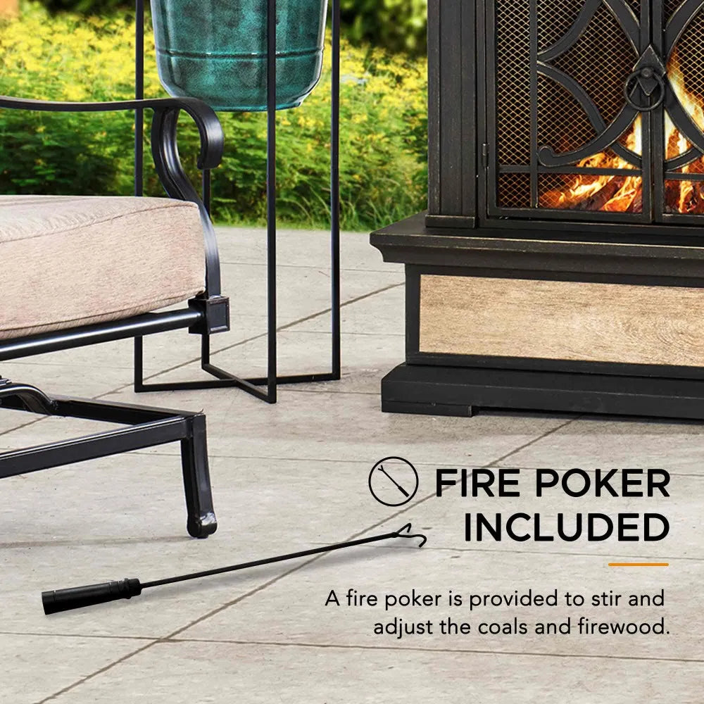 SUNJOY Outdoor 57 Inch Steel Wood Burning Fireplace with Chimney and Rain Cover - Black & Golden