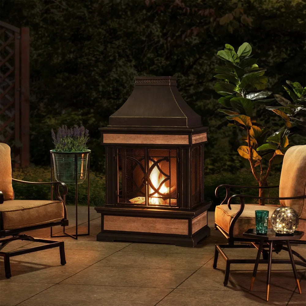 SUNJOY Outdoor 57 Inch Steel Wood Burning Fireplace with Chimney and Rain Cover - Black & Golden