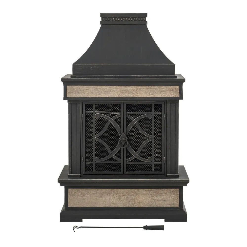 SUNJOY Outdoor 57 Inch Steel Wood Burning Fireplace with Chimney and Rain Cover - Black & Golden