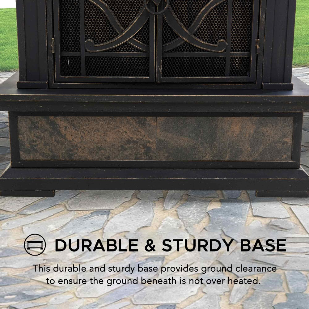 SUNJOY Outdoor 57 Inch Steel Wood Burning Fireplace with Chimney and Rain Cover - Copper & Gray 