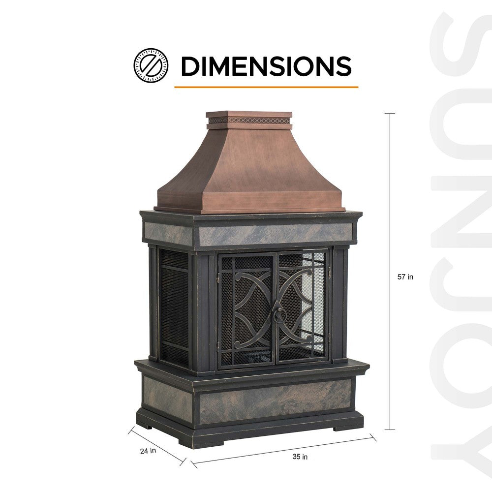 SUNJOY Outdoor 57 Inch Steel Wood Burning Fireplace with Chimney and Rain Cover - Copper & Gray 