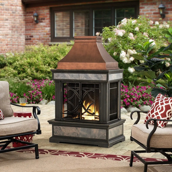 SUNJOY Outdoor 57 Inch Steel Wood Burning Fireplace with Chimney and Rain Cover - Copper & Gray