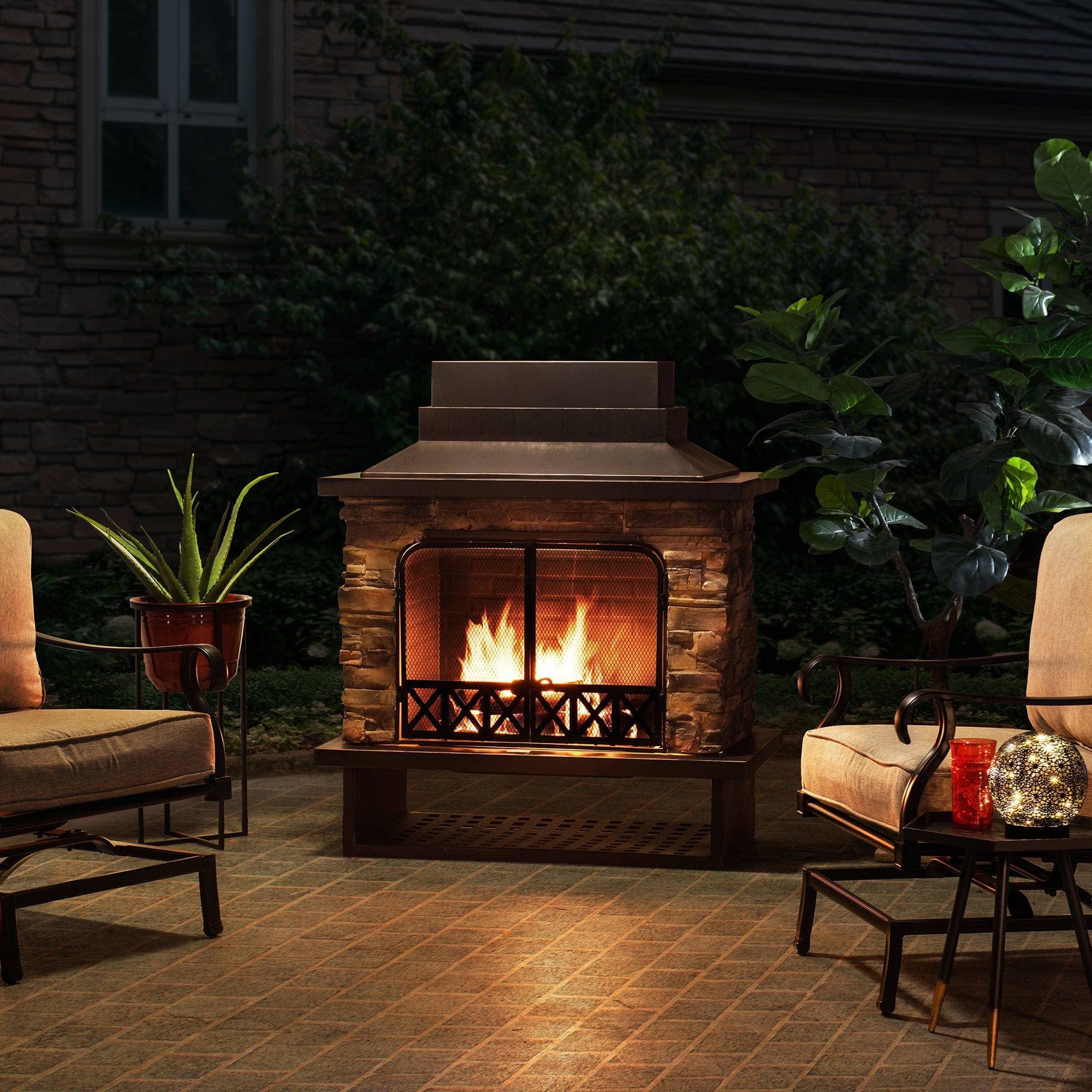 SUNJOY Outdoor 48 Inch Black Steel Wood Burning Stone Fireplace with Fire Poker and Removable Grate 