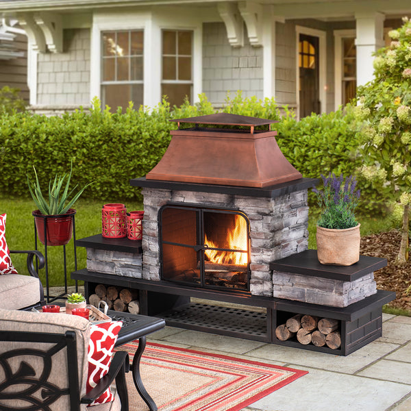 SUNJOY Outdoor 48 Inch Steel Wood Burning Stone Fireplace with Fire Poker and Removable Grate