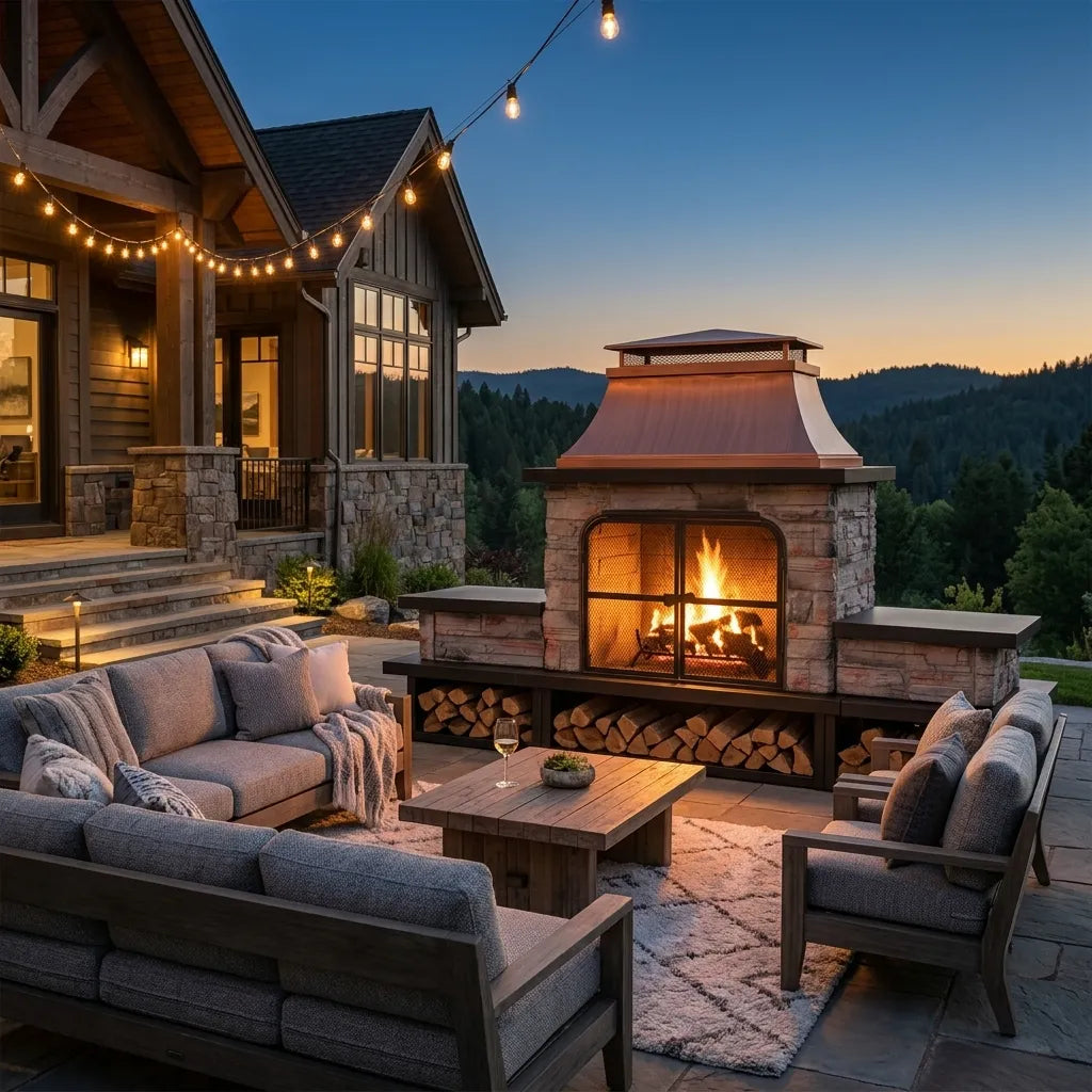 Canyon Stone Wood Burning Fireplace 82", with Log Holders - Copper