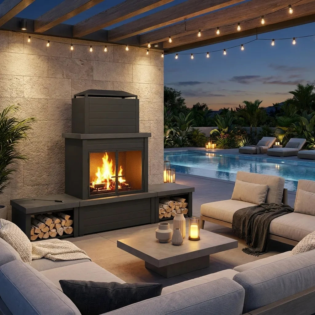 Nordic Modern Wood Burning Fireplace 76", with Log Holders - Dark Gray