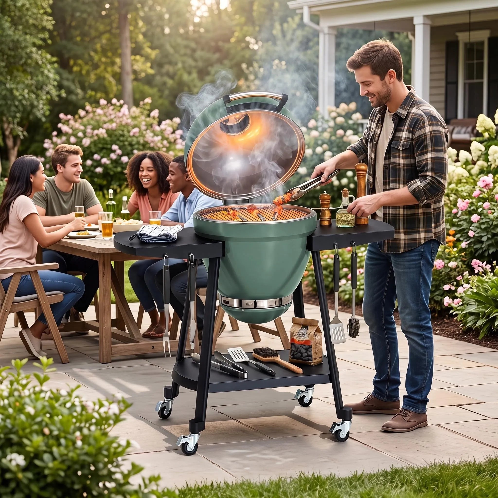 A man grills food on a green kettle-style barbecue grill with a black wheeled stand in a backyard patio setting, while a group of friends sits at a wooden dining table nearby. The grill lid is open, showing smoke and cooking food inside.