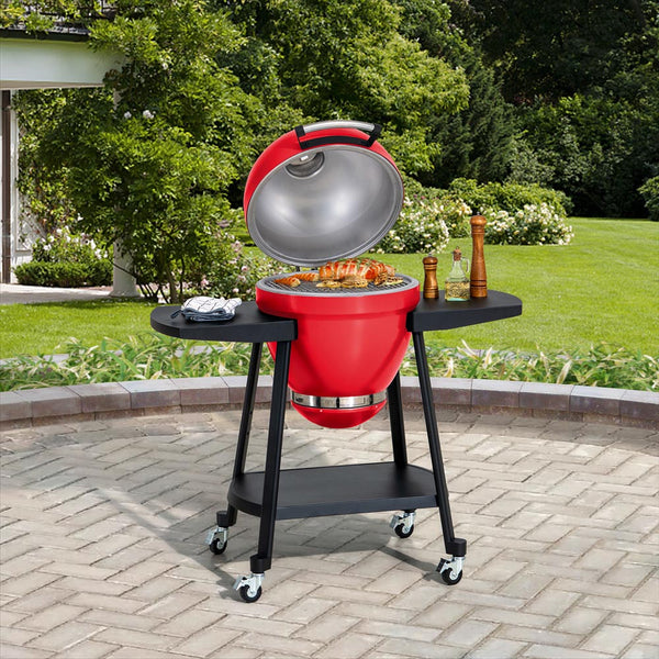 SUNJOY 20 Inch Charcoal Grill, Egg-shaped Outdoor Grill with Pizza Stone, Ultimate BBQ Grill and Smoker with Wheels